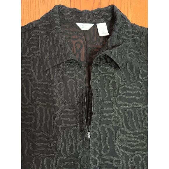 LAURA ASHLEY Black Jacket Top Semi Sheer Abstract Zip Up Blouse 1X Texture - Picture 9 of 14